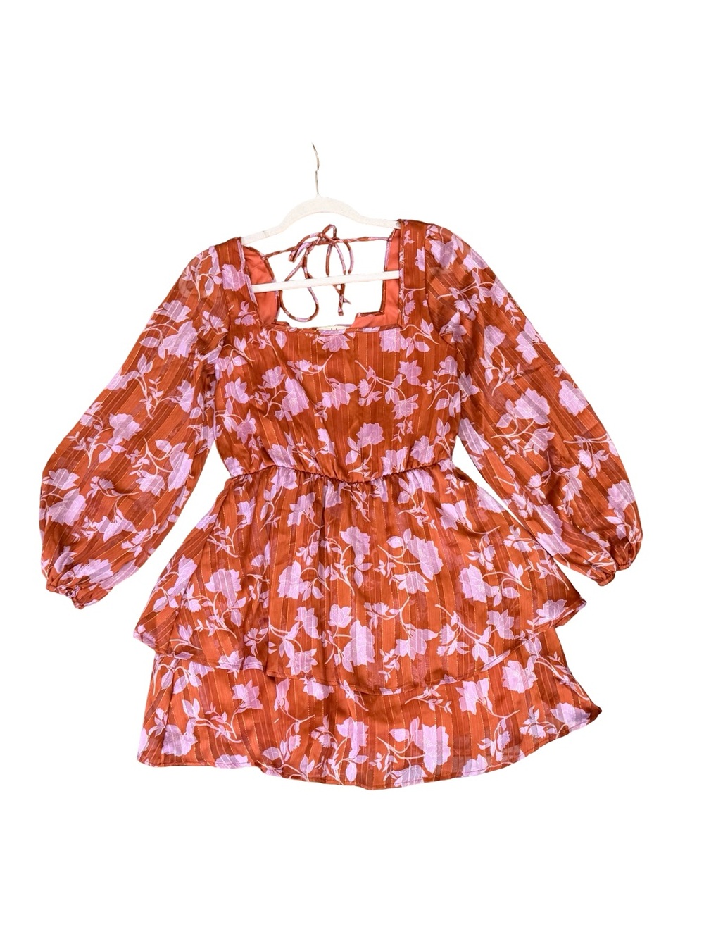✨ Peach Love California Rust Floral Balloon Sleeve Mini Dress Size Small